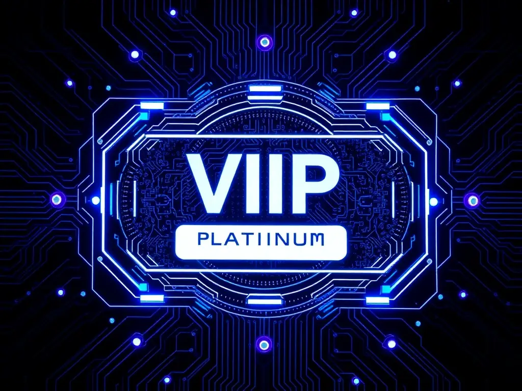 A high-tech interface displaying the Quantum VIP Platinum membership, with glowing circuitry patterns and luminous effects, set against a dark, futuristic background.